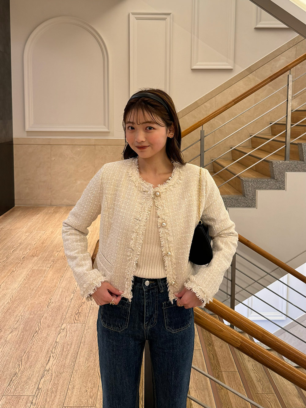 アルページュストーリー ツイード ジャケットフリンジ パールボタン ウール混 ウール混フリンジツイードジャケット | レディースファッション