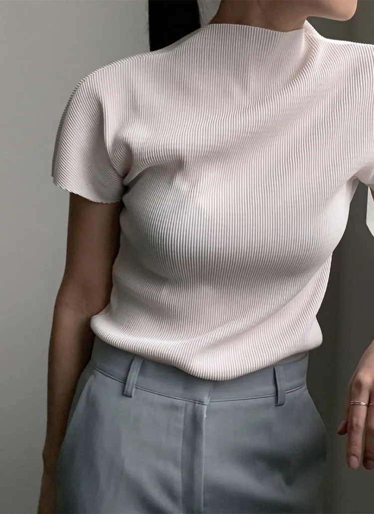 モックネックリブキャップスリーブ半袖Tシャツ | Unique luce | 詳細画像1