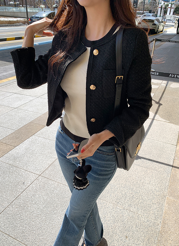 ponpon ノーカラー ツイードジャケット ブラック ゴールドボタン ポンポン ponpon ノーカラー ツイードジャケット ブラック ゴールドボタン