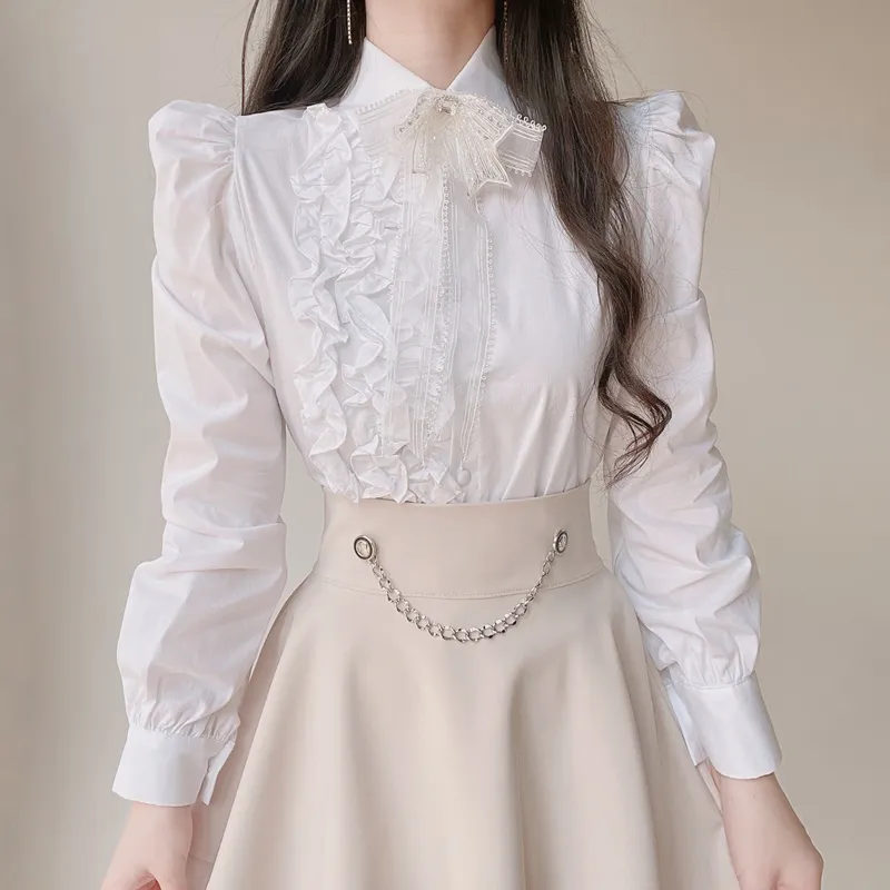 リボンブローチ付フリルパフカラーブラウス | レディースファッション