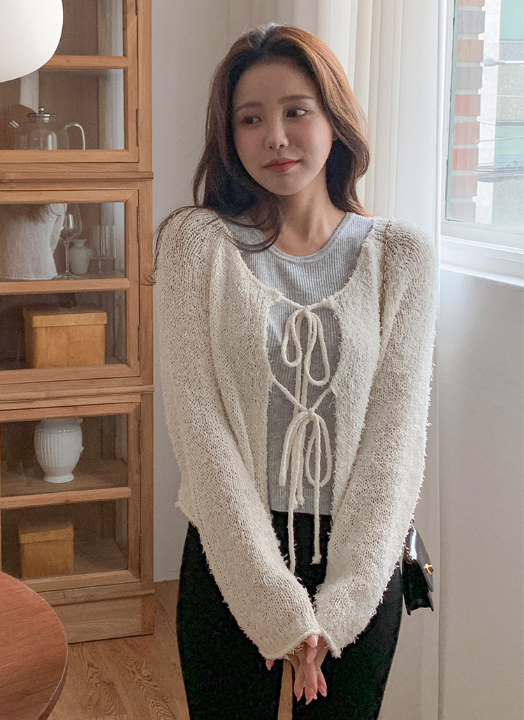 フォクシーリネン可愛い リボンつきガーデ シャギーシアーリボンカーディガン | レディースファッション通販 - DHOLIC