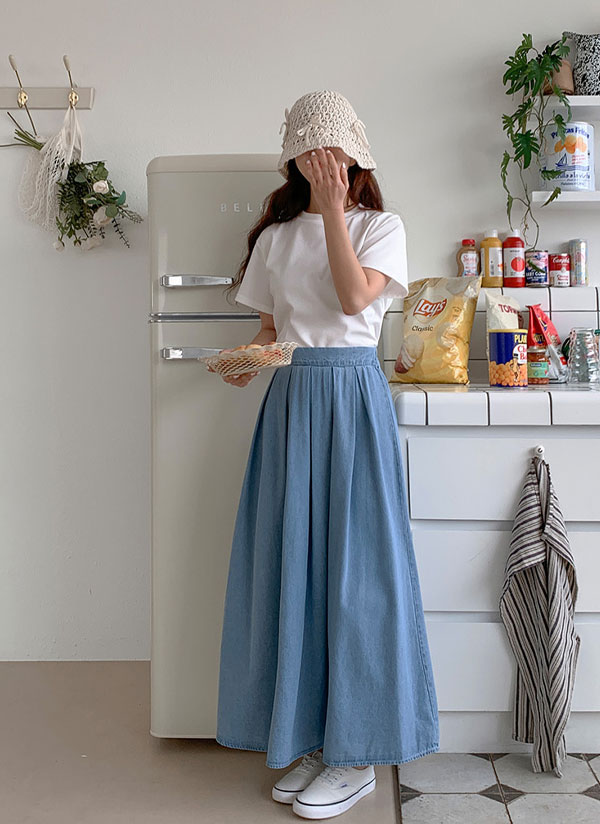 ピンタックプリーツデニムロングスカート | レディースファッション