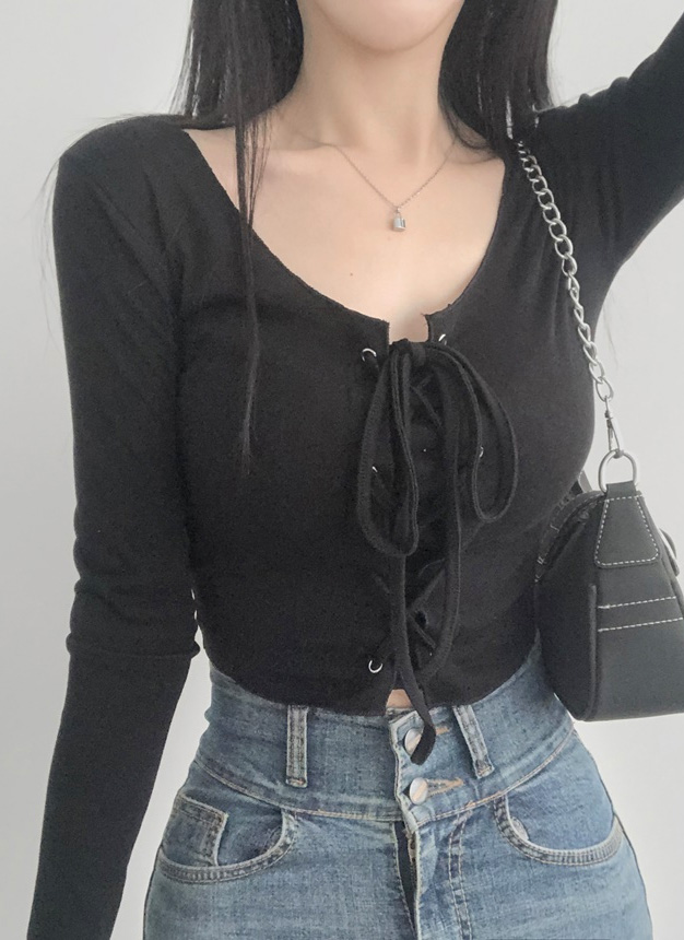 レースアップクロップド長袖Tシャツ | レディースファッション通販