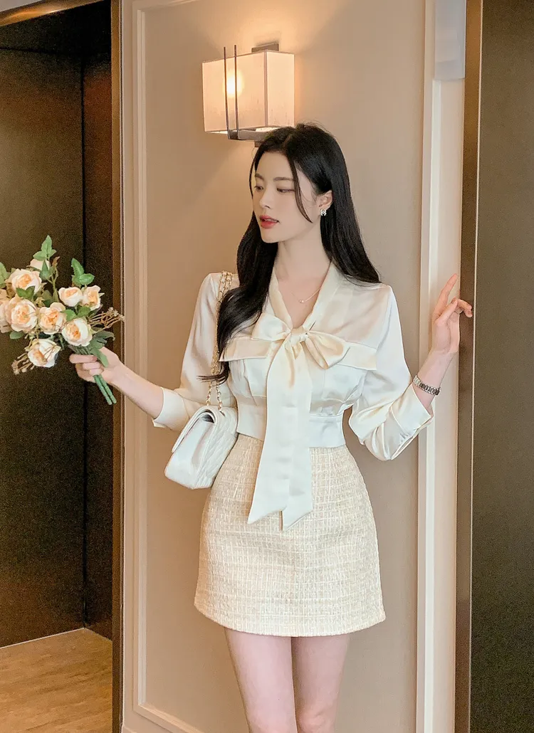 サテンリボンブラウス&ツイードミニスカートSET | レディース  