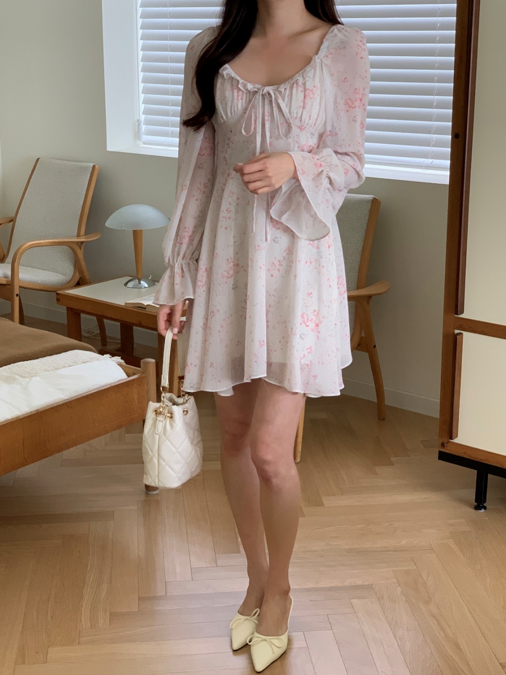 バックシャーリングフリル花柄リボンワンピース | 詳細画像13