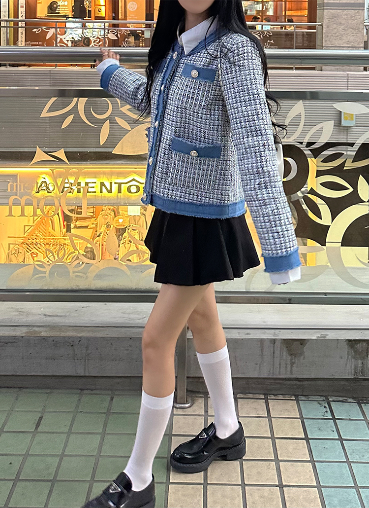 パール調ボタンデニム配色ツイードジャケット | レディース