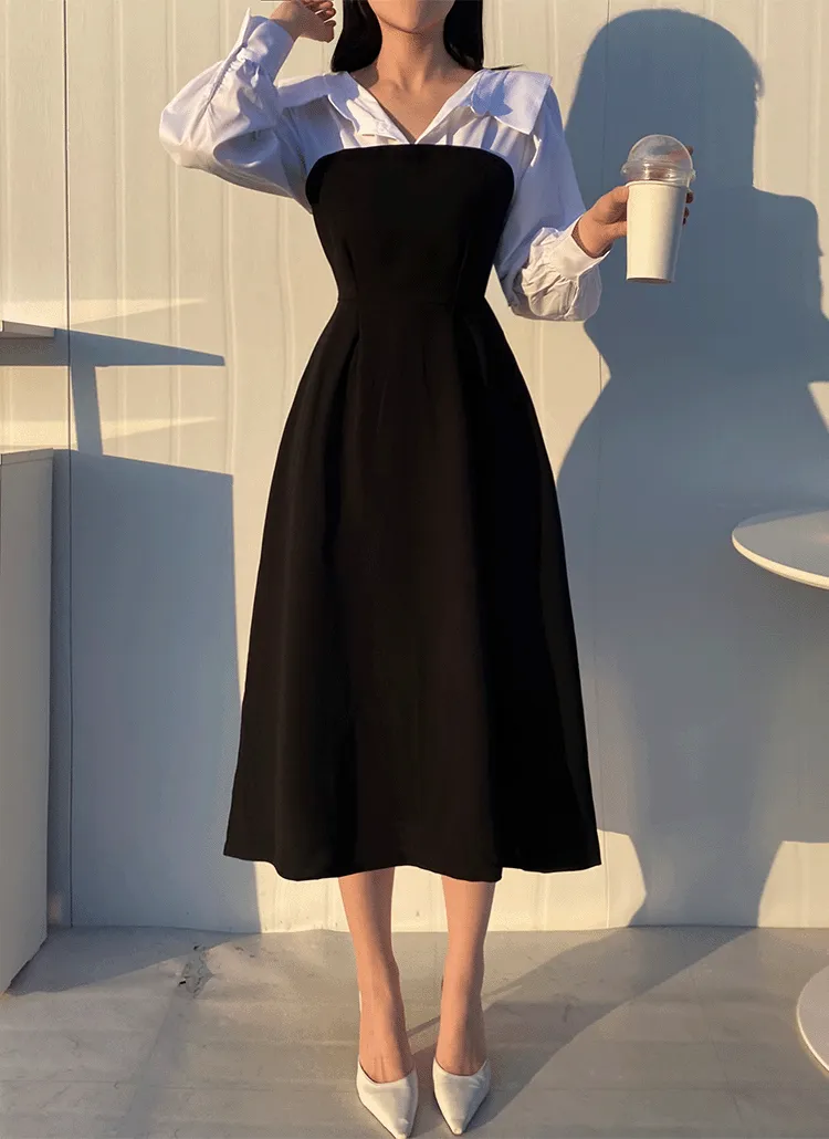 オープンカラー配色フレアワンピース | ahope | 詳細画像1