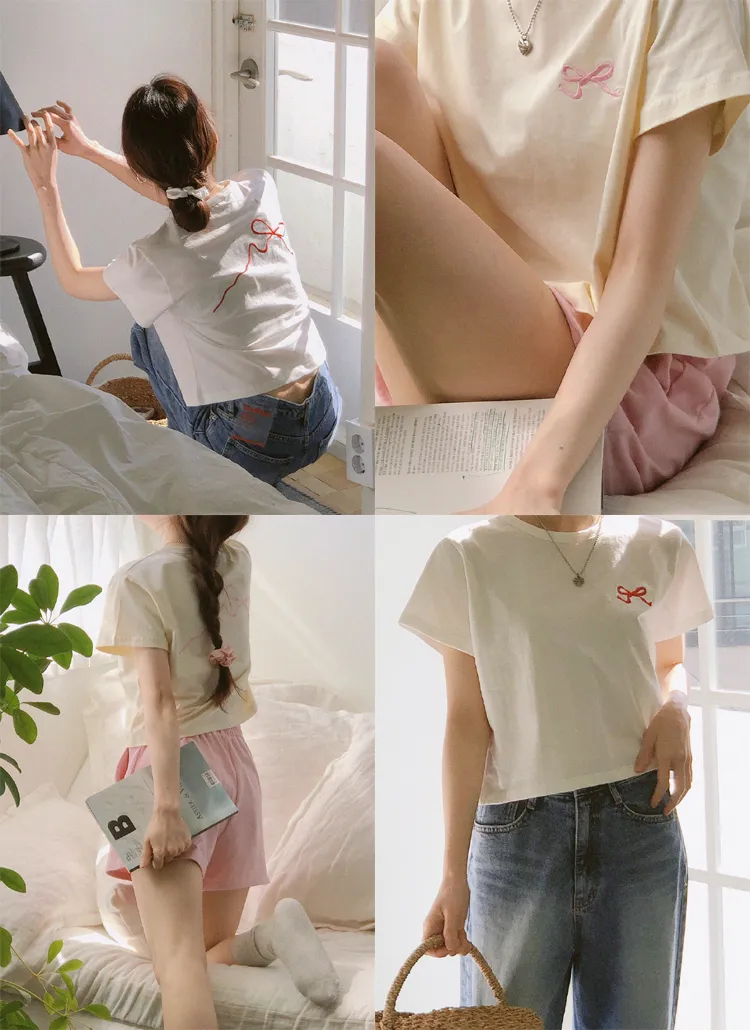 リボン刺繍半袖Tシャツ | naturalmind | 詳細画像1