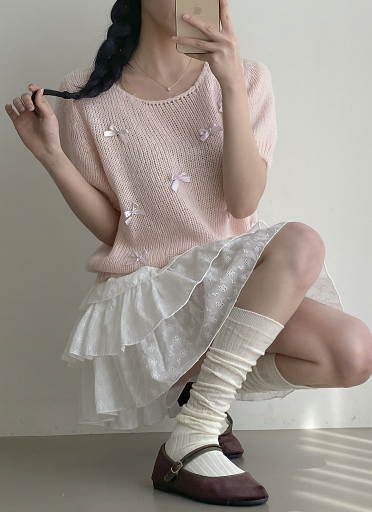 DABUWAWAキュート  お花 リボン スリム 半袖 ニット トップス DABUWAWAキュート お花 リボン スリム 半袖 ニット トップス