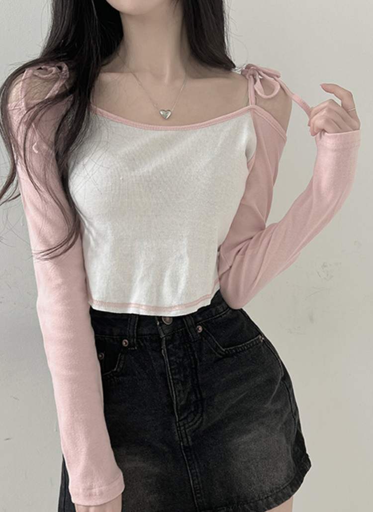ラグラン配色オフショルリボンTシャツ | レディースファッション