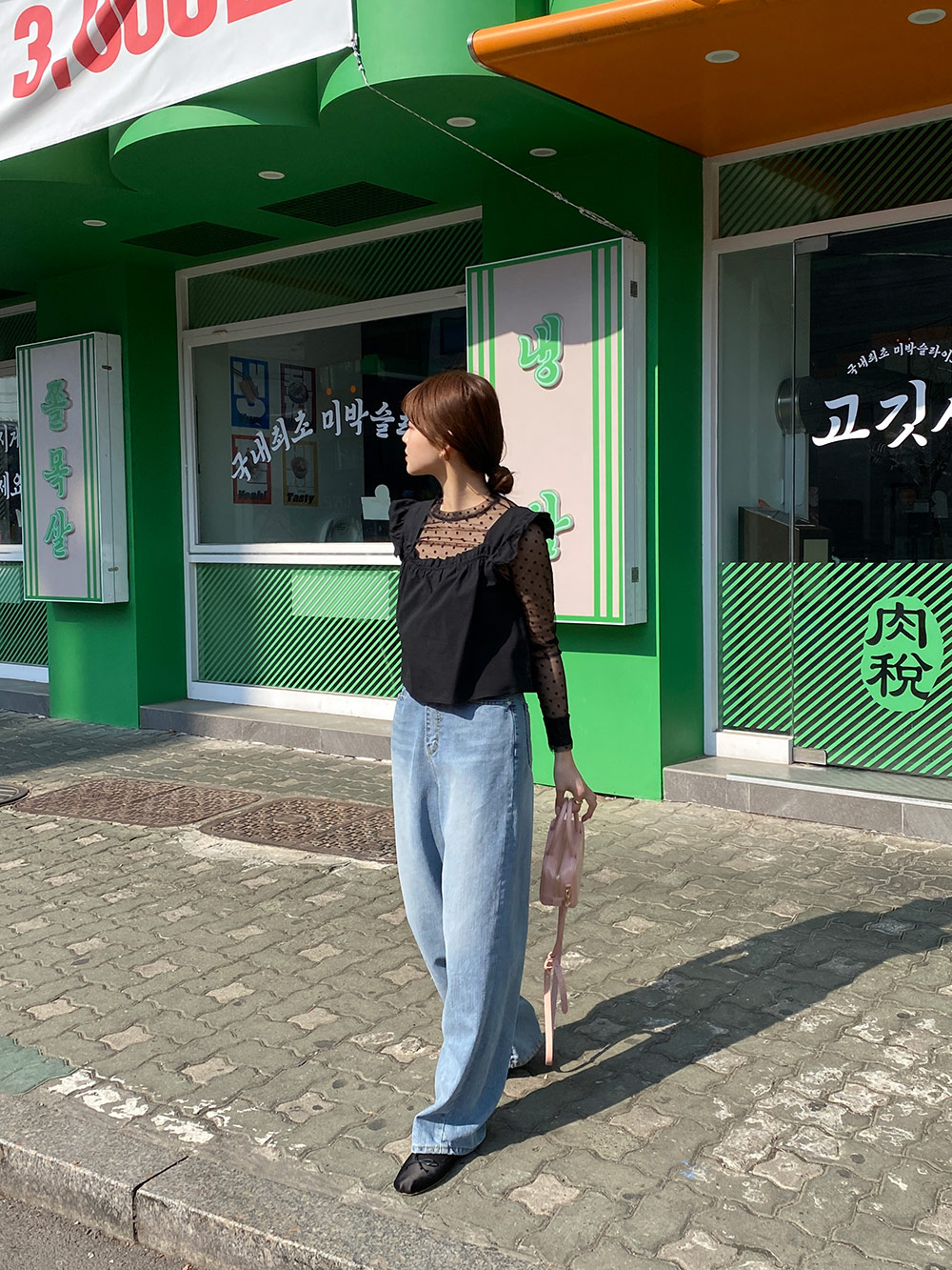 ワイドハイウエストコットンデニムパンツ | レディース
