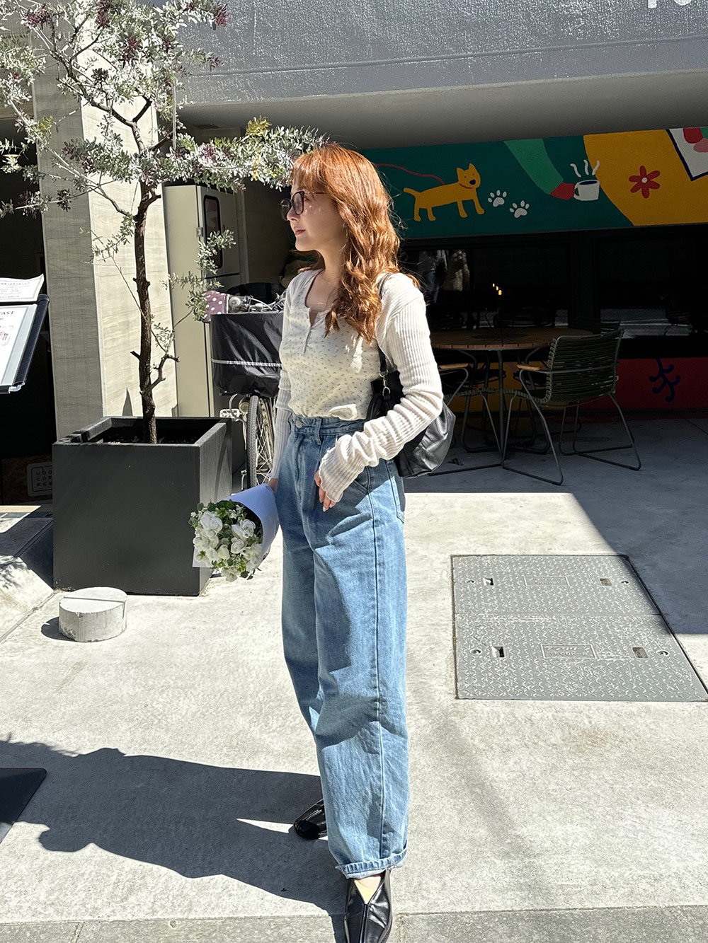 tシャツ フラワーモチーフアシンメトリーネック配色リブトップス レディース tシャツ フラワーモチーフアシンメトリーネック配色リブトップス