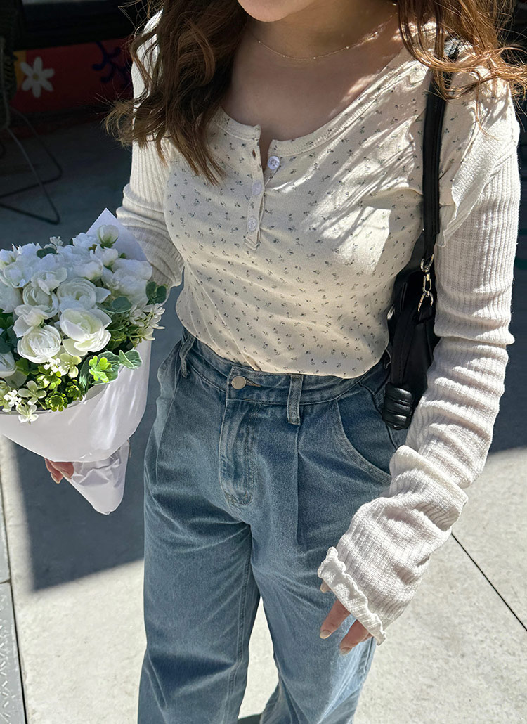 花柄ヘンリーネックリブTシャツ | レディースファッション通販 - DHOLIC