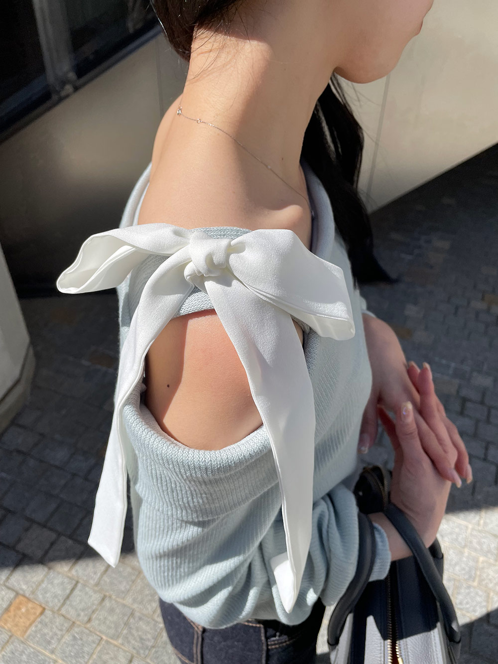 リボンワンショルダー配色リブTシャツ | 詳細画像17