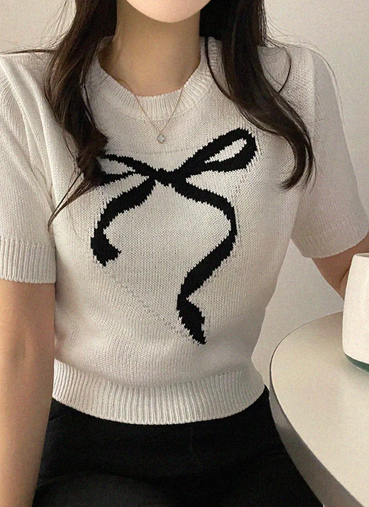 リボンプリントクロップドニット | peelrang | 詳細画像1