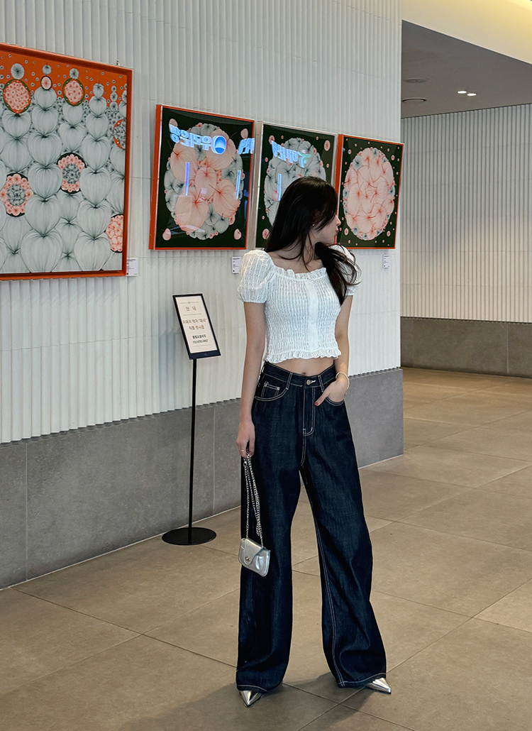 配色ステッチワイドデニムパンツ | レディースファッション通販