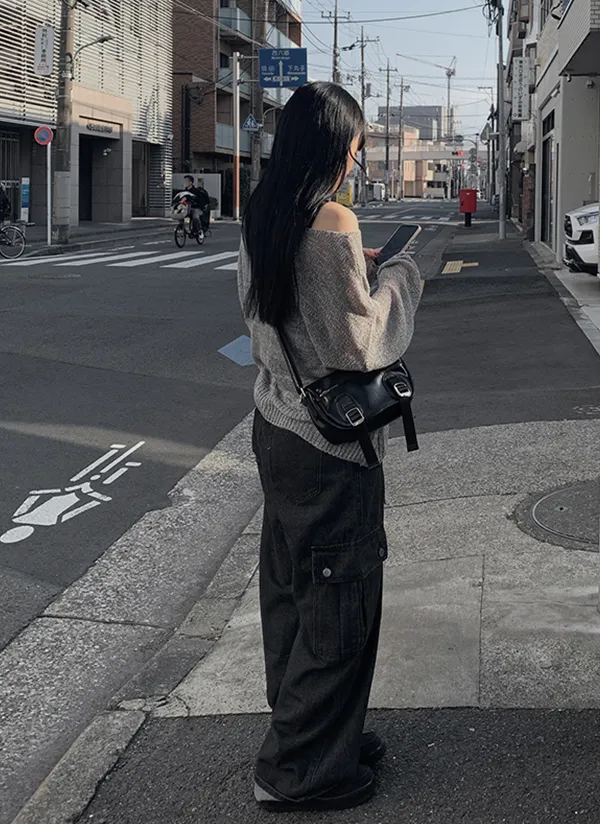 ストラップブラックカーゴワイドデニムパンツ | anyonemore | 詳細画像1