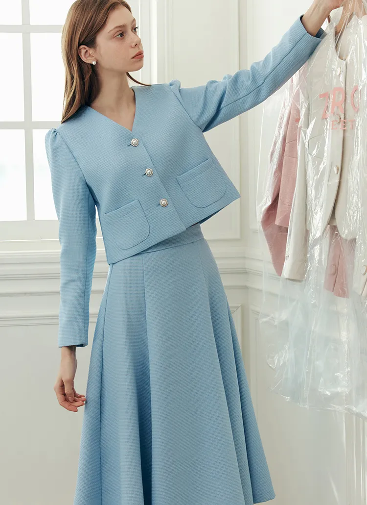 ツイードフラワーボタンパフジャケット&AラインスカートSET(BLUE) | 詳細画像1