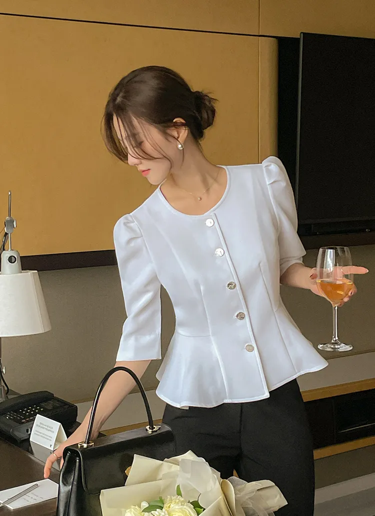 希少 JIL SANDER 上質 フレア デザイン 七分袖 ペプラム シャツ JIL  