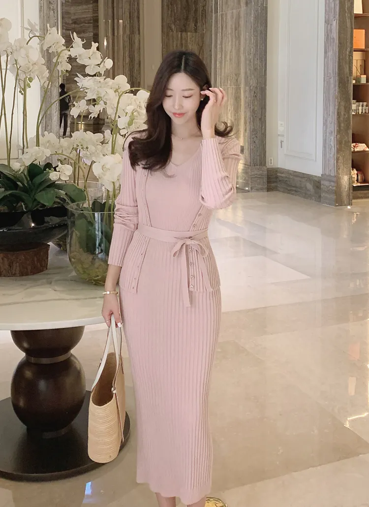 Vネックリブノースリニットワンピース(ピンク) | レディース  