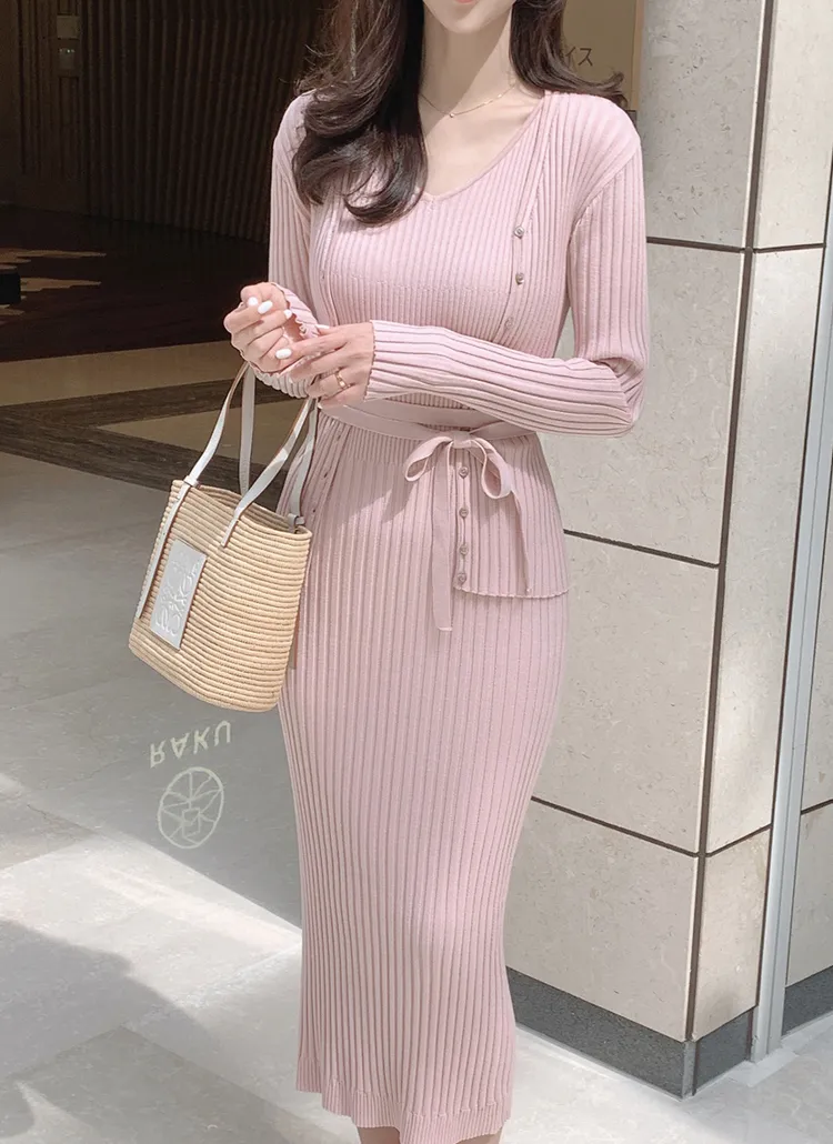 Vネックリブノースリニットワンピース(ピンク) | レディース  