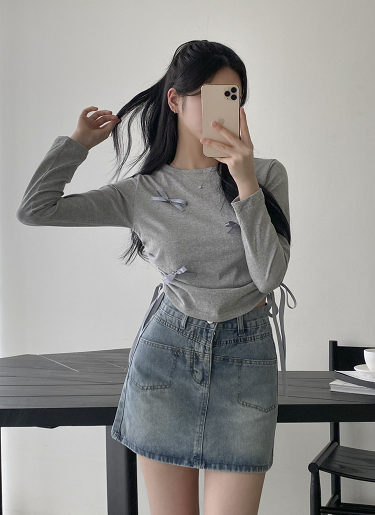 リボン付サイドシャーリング長袖Tシャツ | レディース