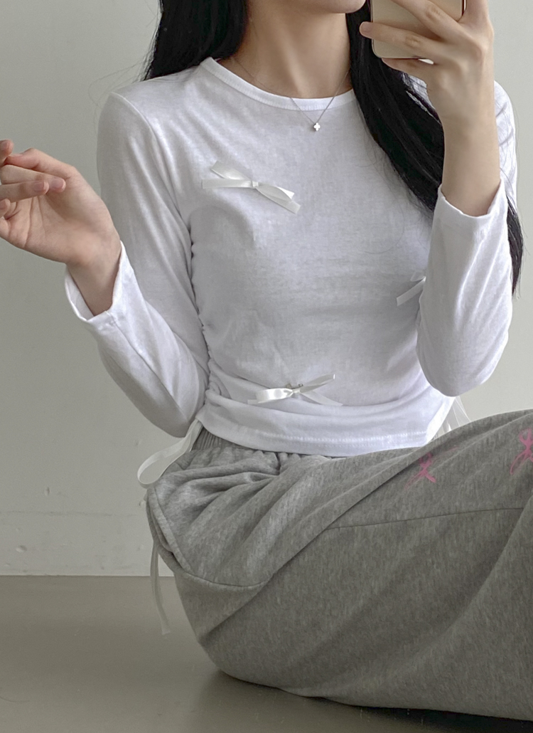 tシャツ サイドシャーリングリボン レイヤード風レース切替カットソー レディース リボン付サイドシャーリング長袖Tシャツ | レディース