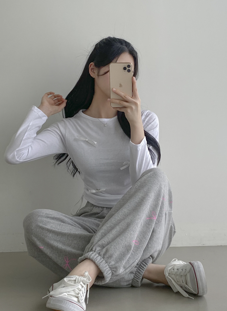 リボン付サイドシャーリング長袖Tシャツ | レディース