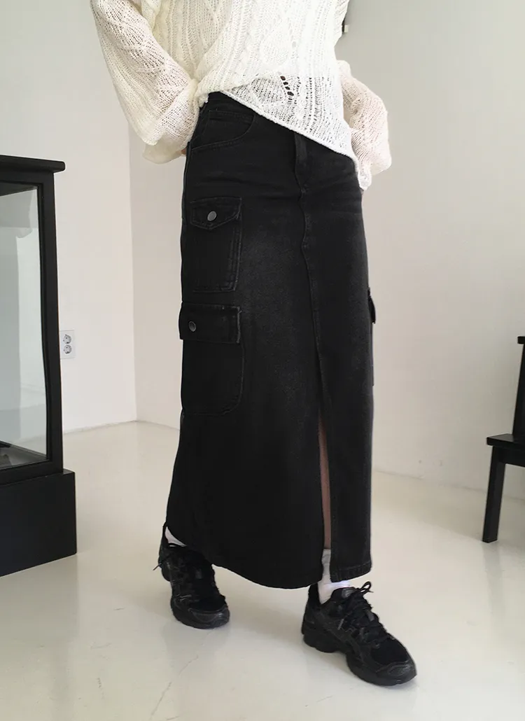 ブラックサイドポケットロングデニムスカート | wonderwonder | 詳細画像1