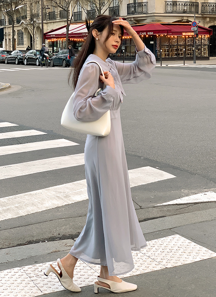 シアータイカラーネックロングワンピース | レディースファッション