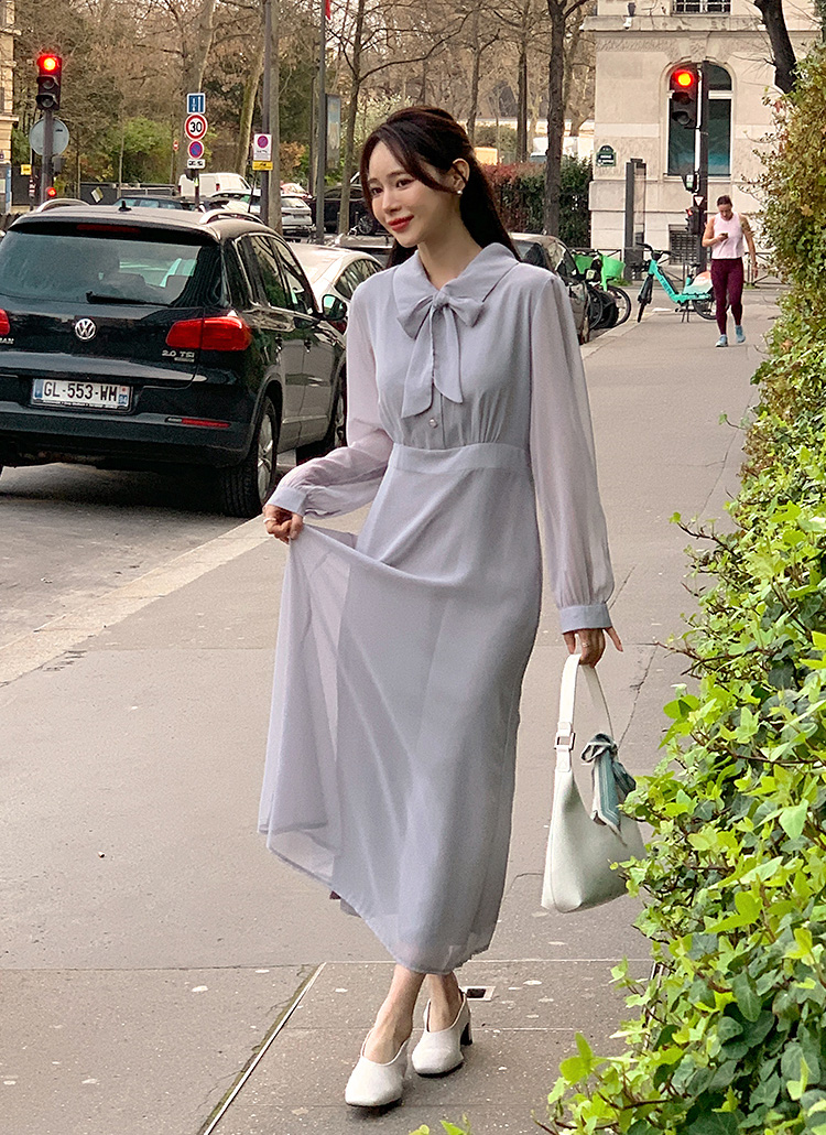 シアータイカラーネックロングワンピース | レディースファッション