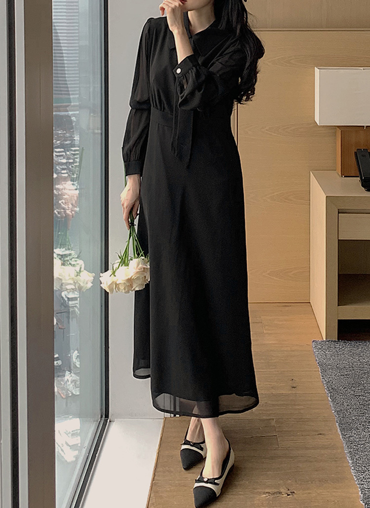 シアータイカラーネックロングワンピース | レディースファッション