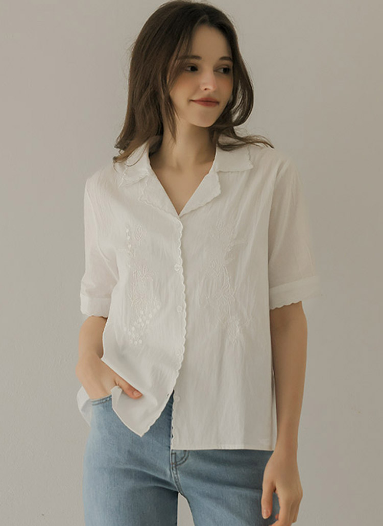 スカラップ刺繍オープンカラーブラウス | レディースファッション通販