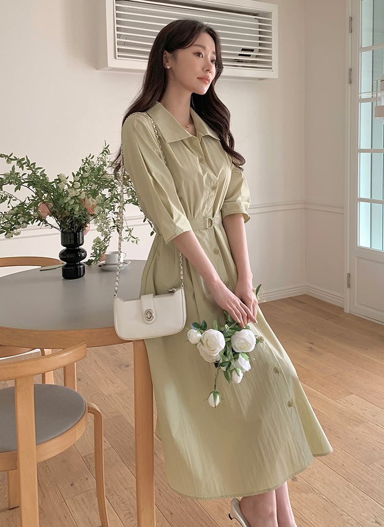 新品HUISリネンタグ付シャツワンピース ロングシャツ半袖 ベージュ遠州織物 ベルト付パフ半袖シャツワンピース | レディースファッション通販 - DHOLIC
