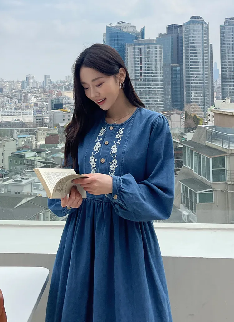 花柄刺繍ハーフボタンデニムワンピース | レディースファッション通販 