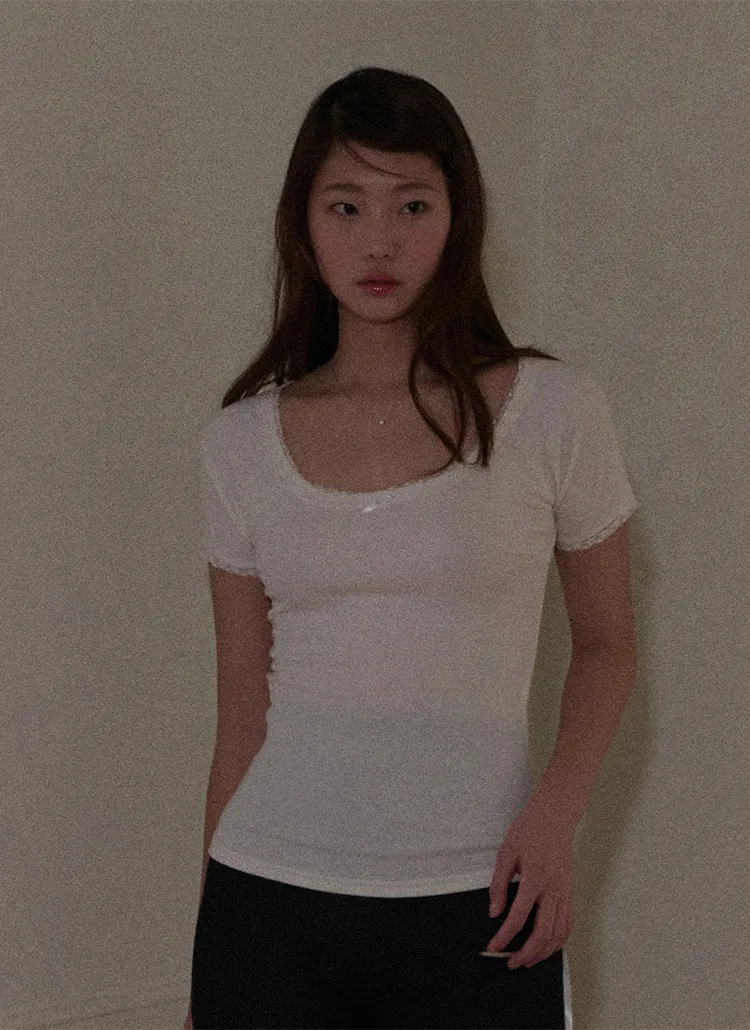 レースリボン配色半袖Tシャツ(CREAM) | 詳細画像1