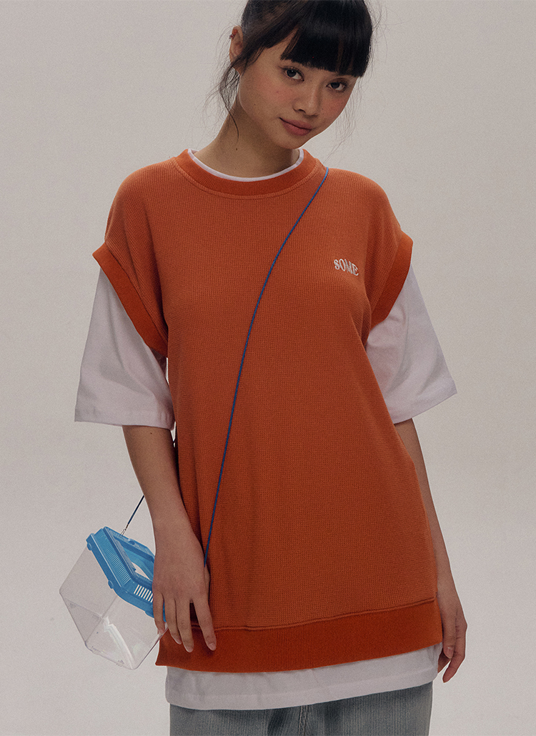 刺繍ワッフルベストレイヤード風Tシャツ(ORANGE)・p636661