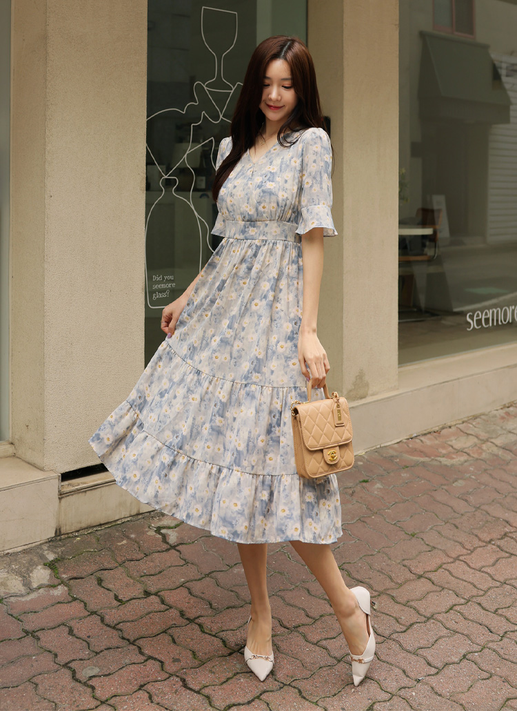 Vネック水彩画風フラワーワンピース | レディースファッション通販