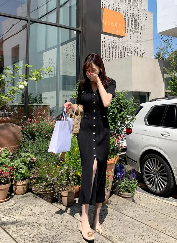 ゴールドボタンニットワンピース | レディースファッション通販 - DHOLIC 