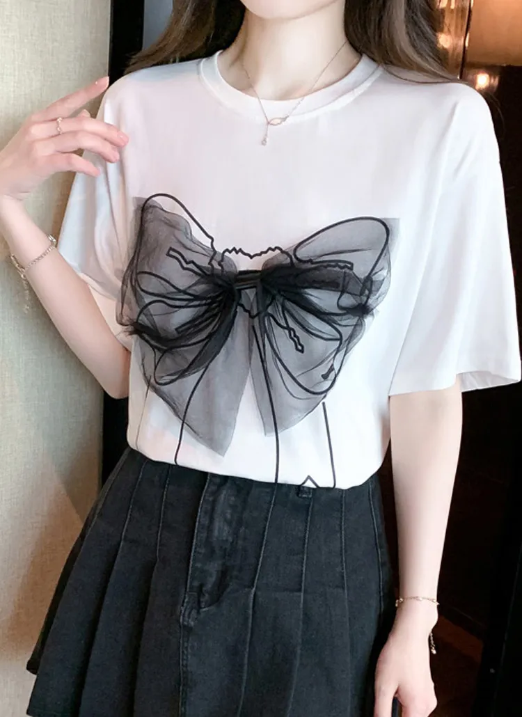 シフォンリボンプリント半袖Tシャツ | QUEENIS | 詳細画像1