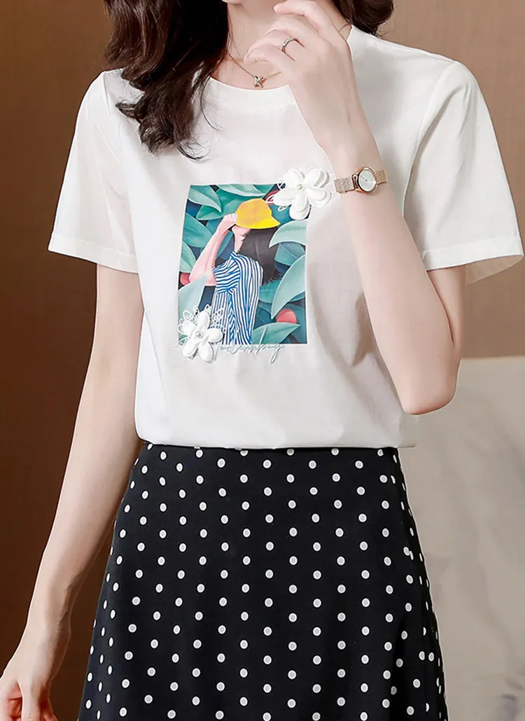 フラワーモチーフプリント半袖Tシャツ | QUEENIS | 詳細画像1