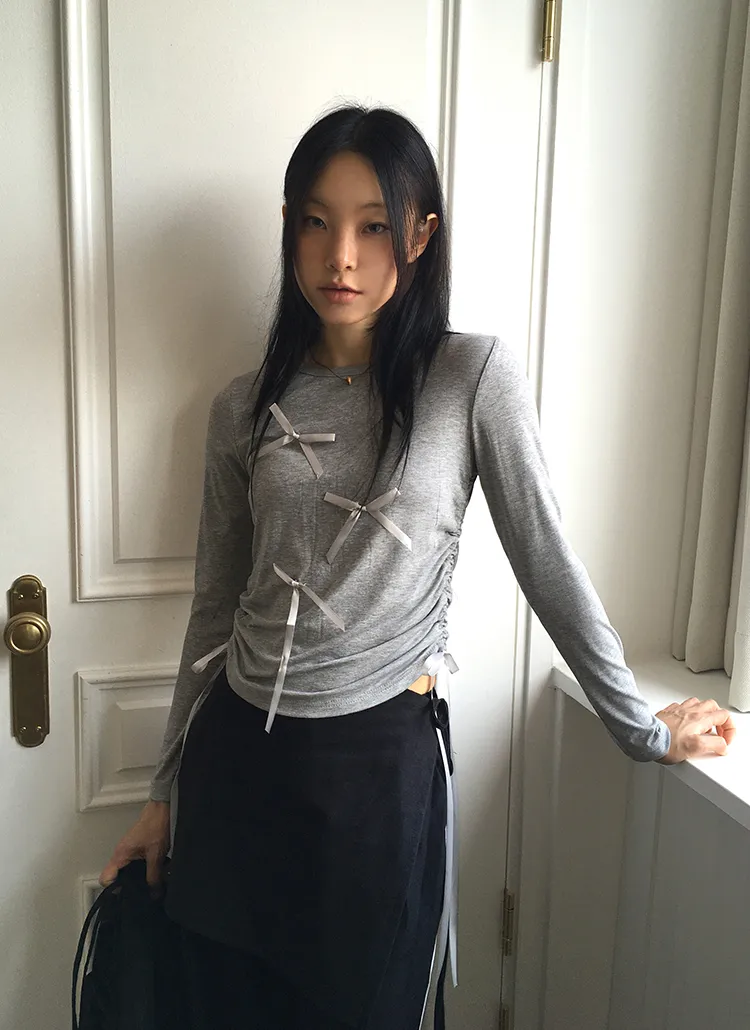 リボン付サイドシャーリング長袖Tシャツ | WONDERWONDER | 詳細画像1