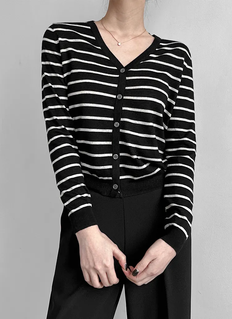 Vネックボーダーショートカーディガン | freepany | 詳細画像1