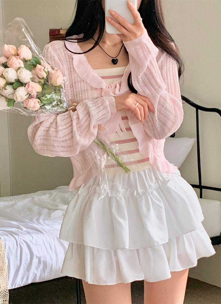 【新品タグ付き】lilLilly　フリルシアーカーディガン　ピンク ボーダーキャミ&フリルシアーカーディガンSET | レディース