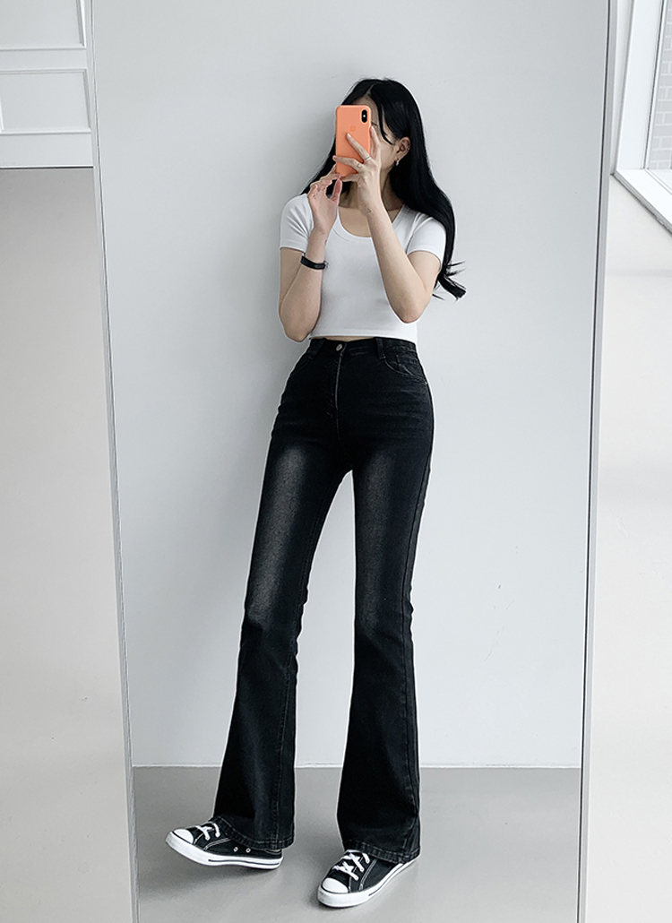 ブラックバレット　ウォッシュ　コーティング加工　ロング丈デニムパンツ ウォッシュフレアロングデニムパンツ | レディースファッション通販