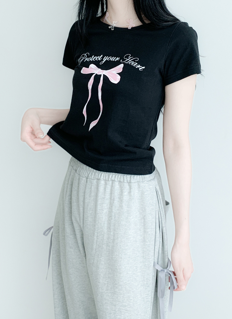 レタリングリボンイラスト半袖Tシャツ | レディースファッション