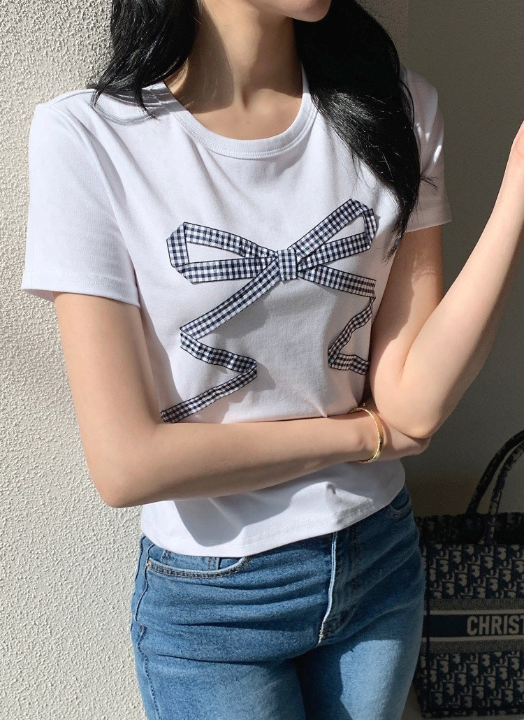ギンガムチェックリボン半袖Tシャツ | レディースファッション