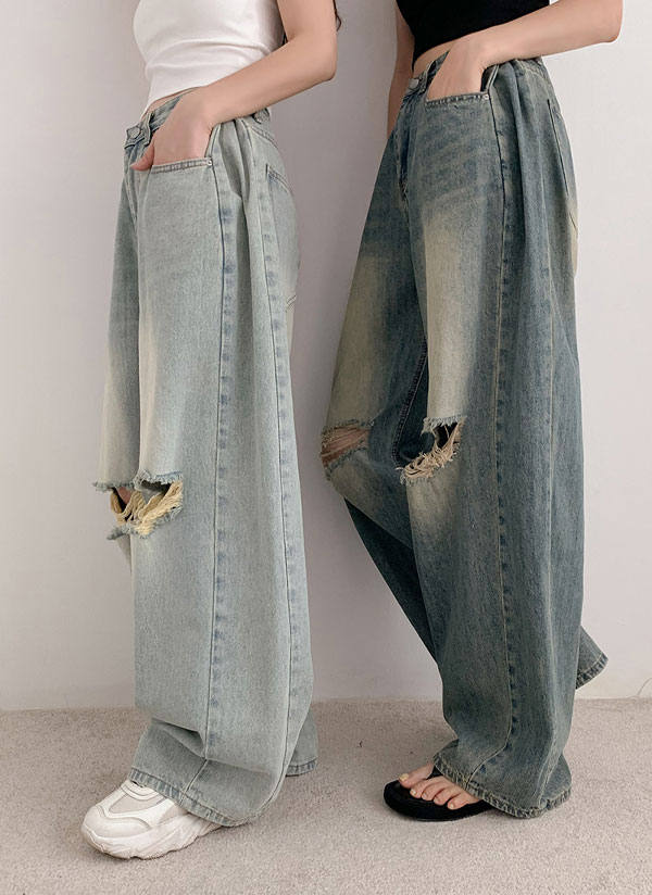 2TYPEサイドピンタックダメージデニムパンツ | レディース