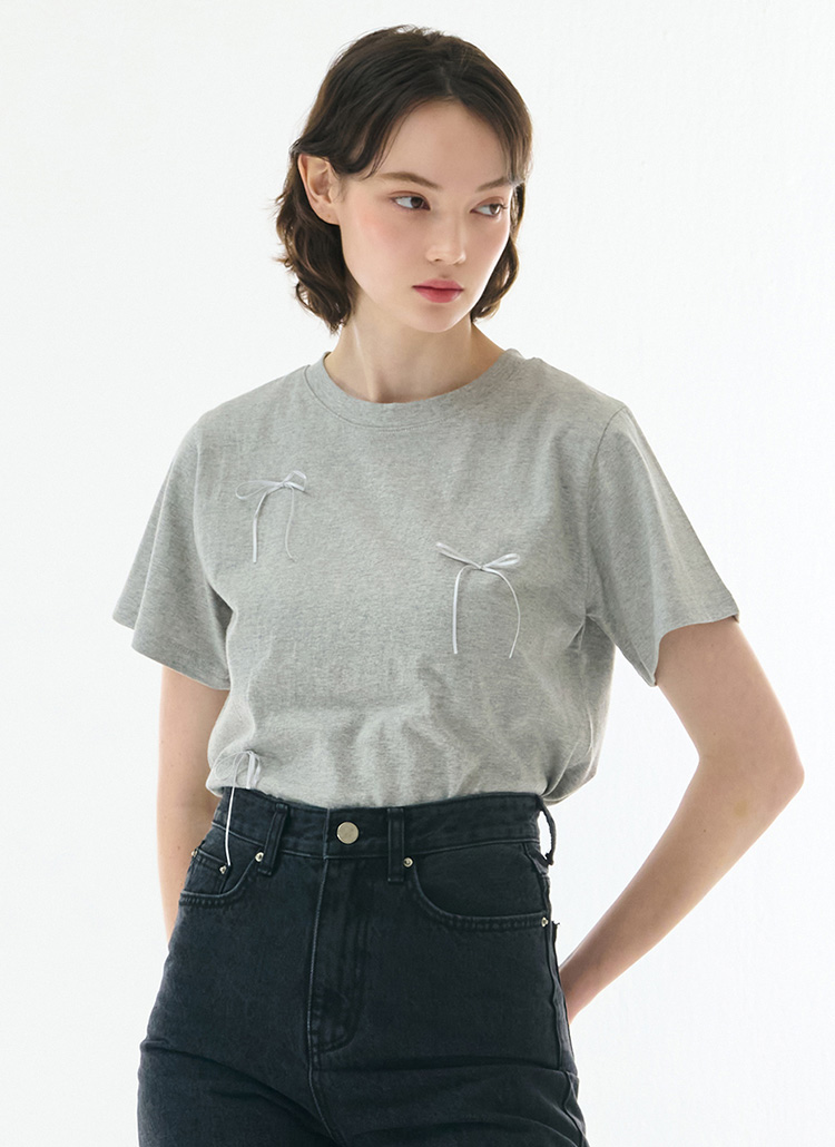 リボン半袖クロップドTシャツ(グレー) | レディースファッション通販