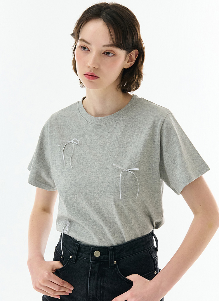 リボン半袖クロップドTシャツ(グレー) | レディースファッション通販